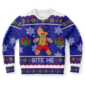 Bite Me Gingerbread Man Gift Christmas Sweater AOP Sweater Blue S
