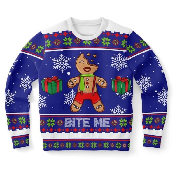 Bite Me Gingerbread Man Gift Christmas Sweater AOP Sweater Blue S