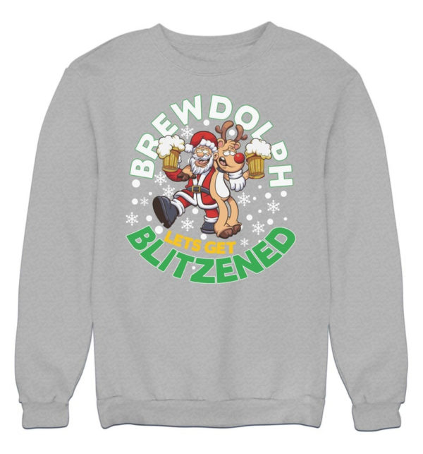 Brewdolph Let's Get Blitzened Ugly Santa And Reindeer Christmas Sweatshirt Sweatshirt Heather Grey S