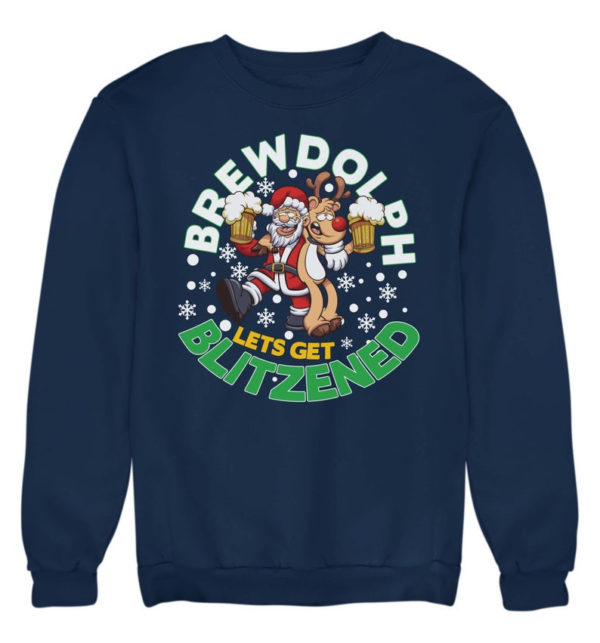 Brewdolph Let's Get Blitzened Ugly Santa And Reindeer Christmas Sweatshirt Sweatshirt Navy Blue S