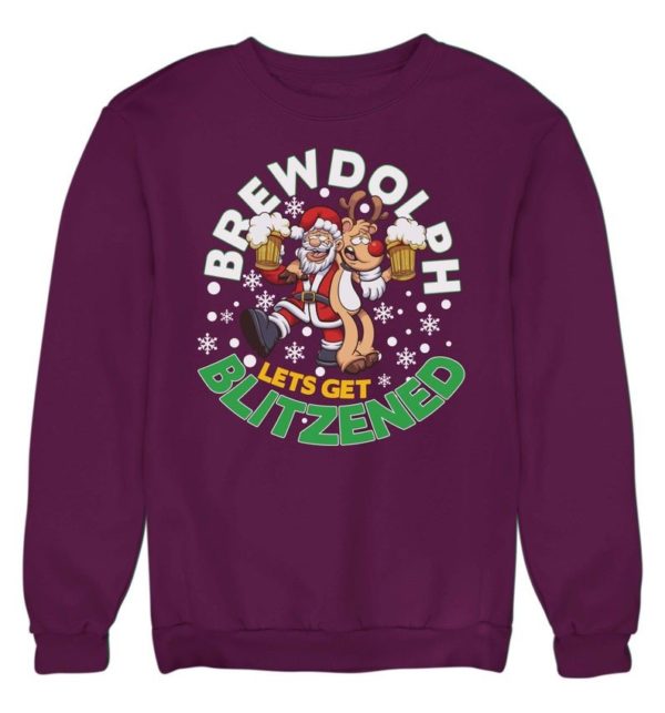 Brewdolph Let's Get Blitzened Ugly Santa And Reindeer Christmas Sweatshirt Sweatshirt Purple S