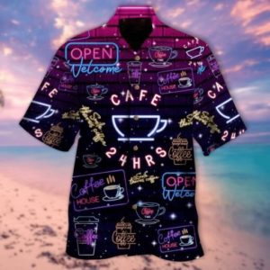 Cafe 24hrs Welcome Smile Coffee Hawaiian Shirt Short-Sleeve Hawaiian Shirt Purple S