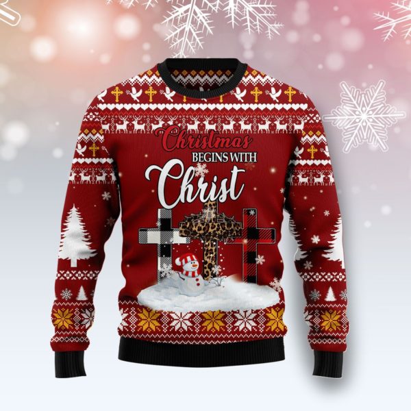 Christmas Begins With Christ Cross Snowman Sweater AOP Sweater Red S