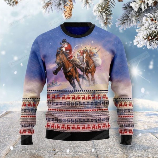 Cowboy Santa Clause Ugly Christmas Sweater AOP Sweater White S