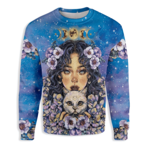 Curly Girl With Cat Wicca 3D Sweater product photo 2