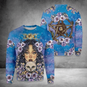 Curly Girl With Cat Wicca 3D Sweater AOP Sweater Blue S