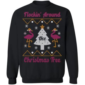 Flocking Around Flamingo Christmas Tree Christmas Sweatshirt Christmas Sweatshirt Black S