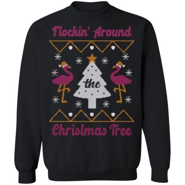 Flocking Around Flamingo Christmas Tree Christmas Sweatshirt Christmas Sweatshirt Black S