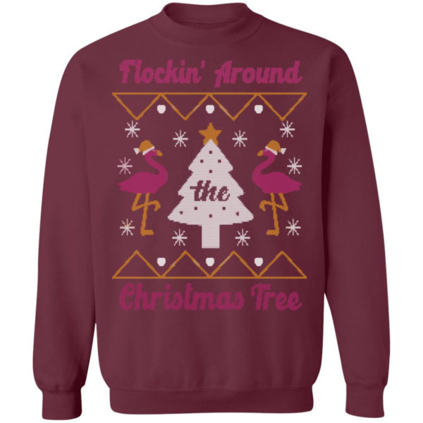 Flocking Around Flamingo Christmas Tree Christmas Sweatshirt Christmas Sweatshirt Maroon S