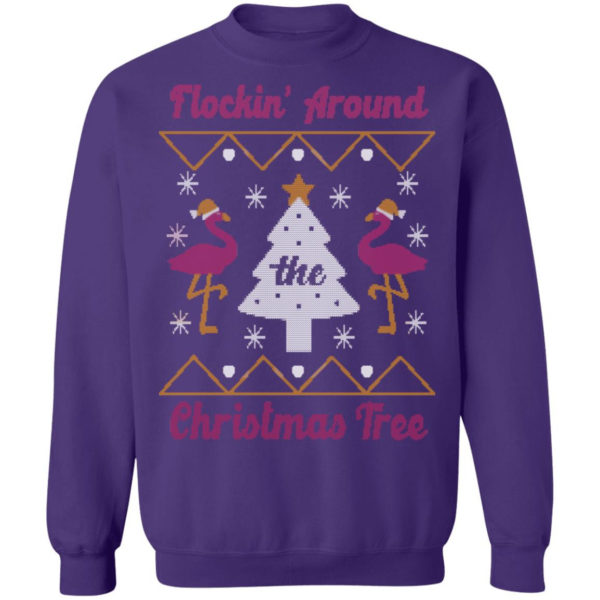 Flocking Around Flamingo Christmas Tree Christmas Sweatshirt Christmas Sweatshirt Purple S