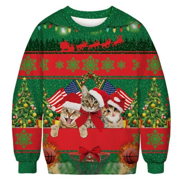 Funny Cats Santa American Flag Christmas 3D Sweater AOP Sweater Green S