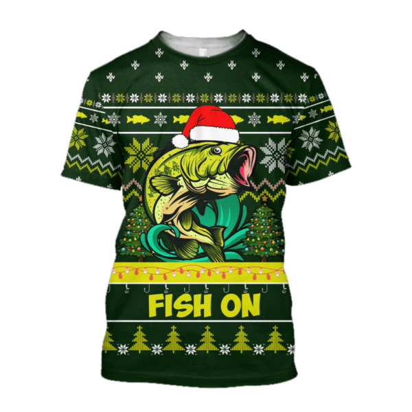Funny Christmas Fish Santa Bass Fishing Fish on Christmas Hat 3D T-shirt Hoodie Short Pant 3D T-Shirt Green S