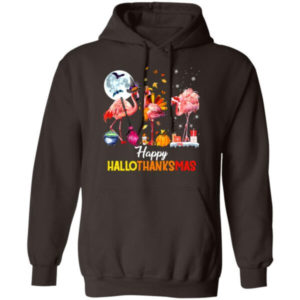 Funny Flamingo Halloween Happy Hallothanksmas Christmas Shirt Hoodie Dark Chocolate S