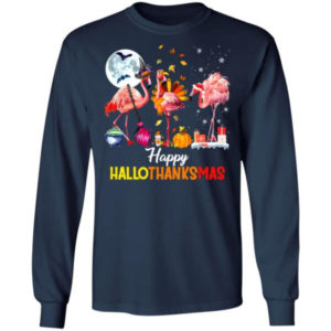 Funny Flamingo Halloween Happy Hallothanksmas Christmas Shirt Long Sleeve Navy S