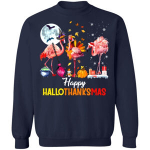Funny Flamingo Halloween Happy Hallothanksmas Christmas Shirt Sweatshirt Navy S