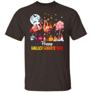 Funny Flamingo Halloween Happy Hallothanksmas Christmas Shirt Unisex T-Shirt Dark Chocolate S