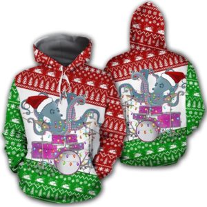 Funny Octopus Drumming Octopus Santa Christmas 3D Hoodie Zip Hoodie 3D Hoodie Red S