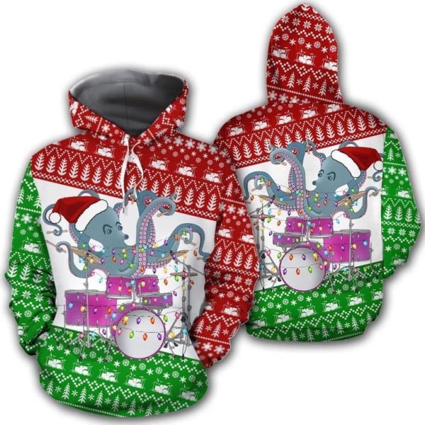 Funny Octopus Drumming Octopus Santa Christmas 3D Hoodie Zip Hoodie 3D Hoodie Red S