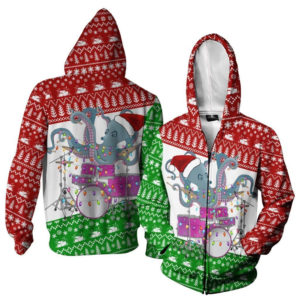 Funny Octopus Drumming Octopus Santa Christmas 3D Hoodie Zip Hoodie 3D Zip Hoodie Red S