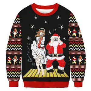 Funny Santa With Jesus Funny Christmas Party Ugly Sweater AOP Sweater Black S