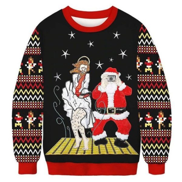 Funny Santa With Jesus Funny Christmas Party Ugly Sweater AOP Sweater Black S