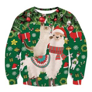 Funny Sheep And Cat Santa Hat Christmas 3D Sweater AOP Sweater Green S
