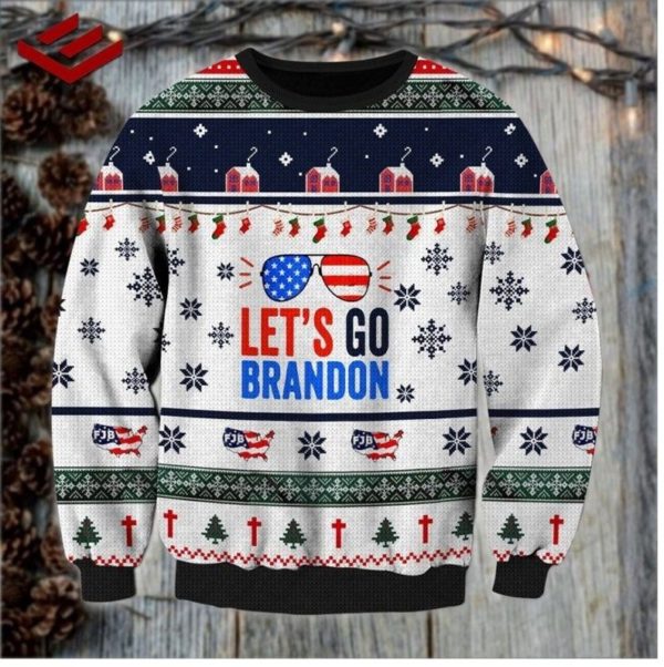 Glasses Let's Go Brandon FJB Christmas Sweater AOP Sweater White S