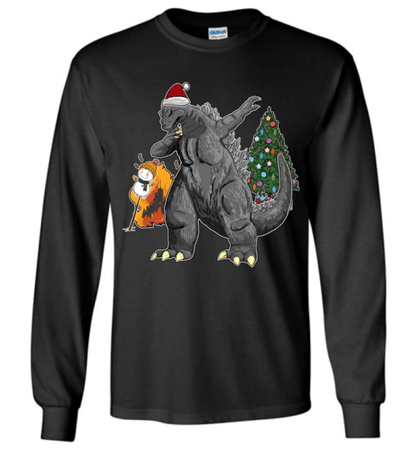 Godzilla Dabbing For Christmas Snowman Christmas Tree Long Sleeve And Sweatshirt Long Sleeve Black S