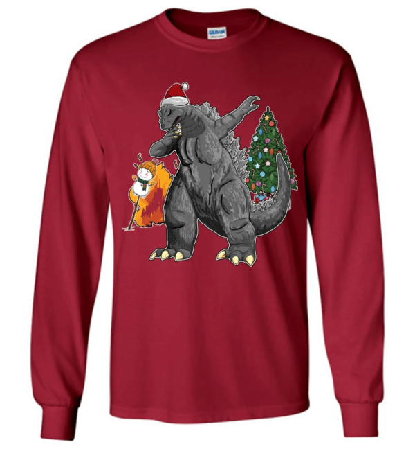 Godzilla Dabbing For Christmas Snowman Christmas Tree Long Sleeve And Sweatshirt Long Sleeve Cardinal Red S