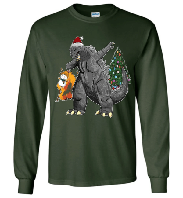 Godzilla Dabbing For Christmas Snowman Christmas Tree Long Sleeve And Sweatshirt Long Sleeve Forest Green S