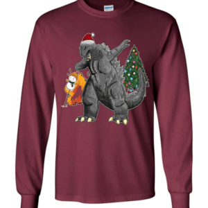 Godzilla Dabbing For Christmas Snowman Christmas Tree Long Sleeve And Sweatshirt Long Sleeve Maroon S