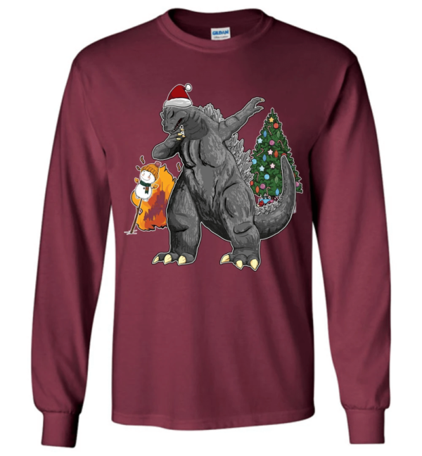 Godzilla Dabbing For Christmas Snowman Christmas Tree Long Sleeve And Sweatshirt Long Sleeve Maroon S