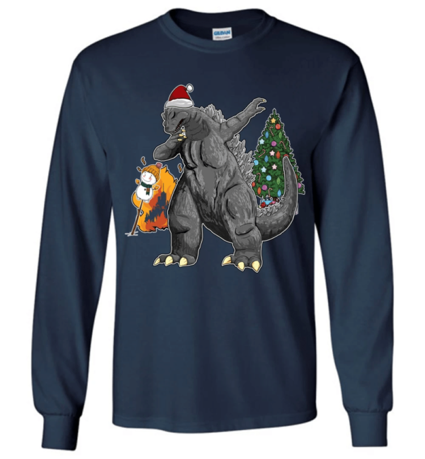 Godzilla Dabbing For Christmas Snowman Christmas Tree Long Sleeve And Sweatshirt Long Sleeve Navy S