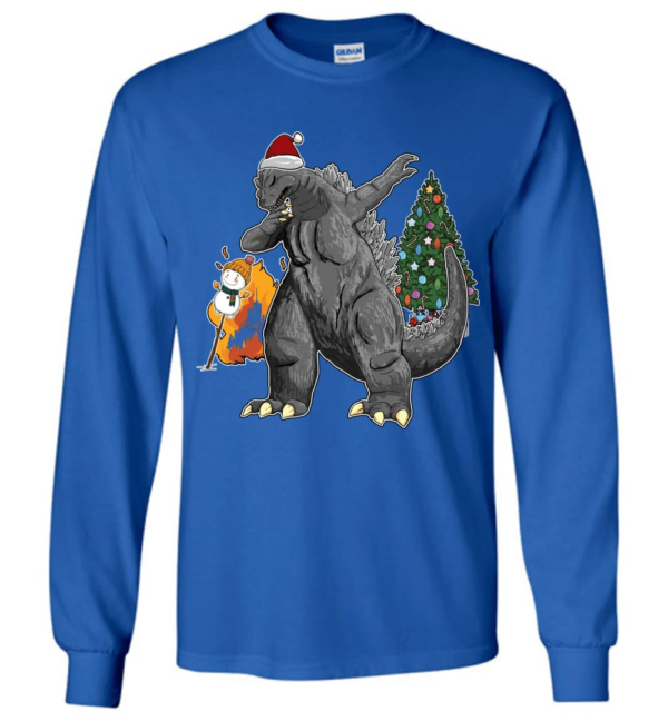 Godzilla Dabbing For Christmas Snowman Christmas Tree Long Sleeve And Sweatshirt Long Sleeve Royal Blue S