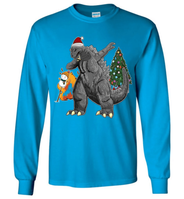 Godzilla Dabbing For Christmas Snowman Christmas Tree Long Sleeve And Sweatshirt Long Sleeve Sapphire S