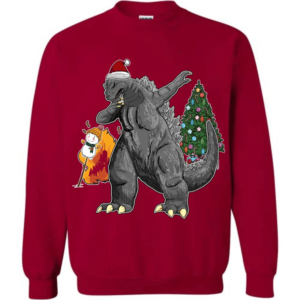 Godzilla Dabbing For Christmas Snowman Christmas Tree Long Sleeve And Sweatshirt Sweatshirt Cardinal Red S