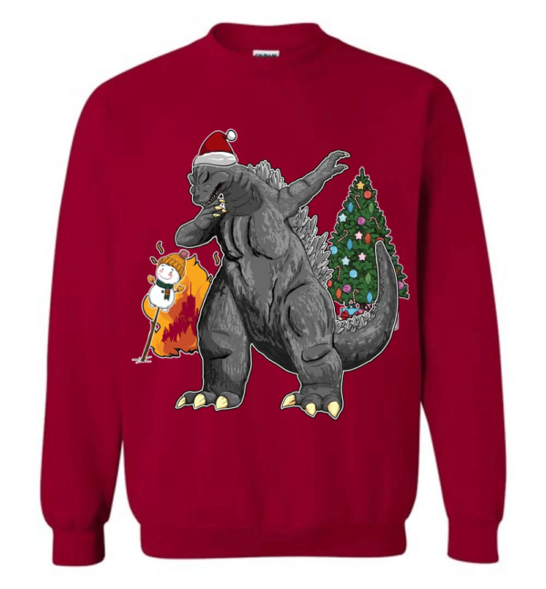 Godzilla Dabbing For Christmas Snowman Christmas Tree Long Sleeve And Sweatshirt Sweatshirt Cardinal Red S