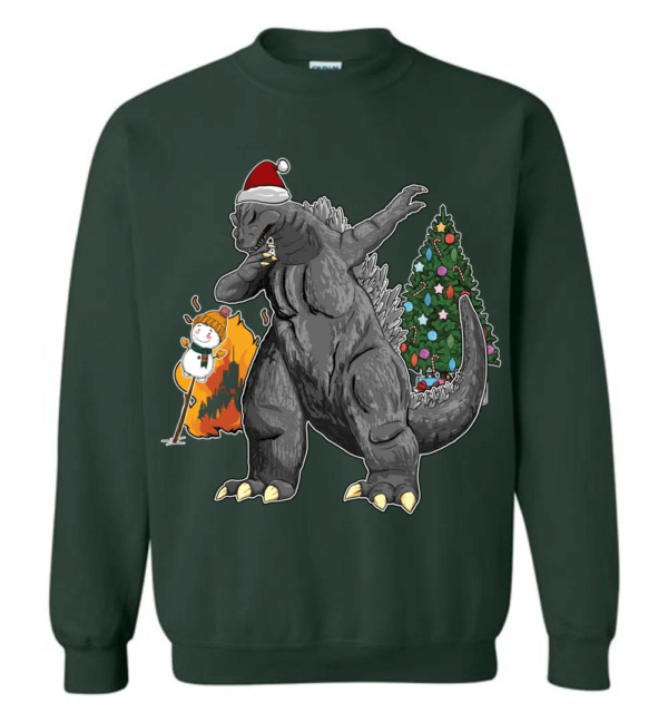 Godzilla Dabbing For Christmas Snowman Christmas Tree Long Sleeve And Sweatshirt Sweatshirt Forest Green S