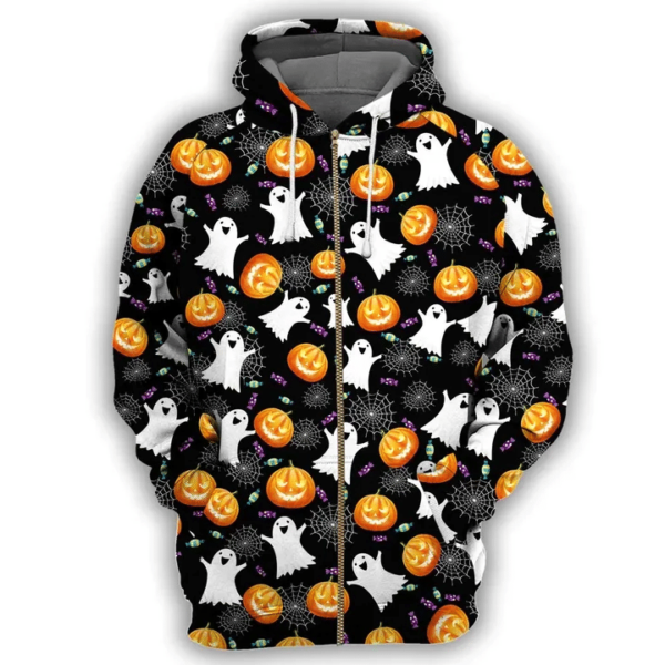 Halloween Pumkin, Ghost, Spider 3D Full Print Shirt 3D Zip Hoodie Black S