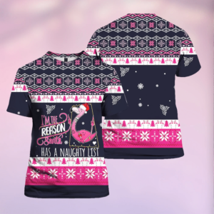 I Am The Reason Santa Has A Naughty Santa Flamingo All Over Print 3D Shirt 3D T-Shirt Navy S