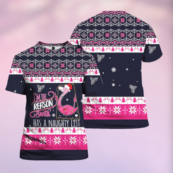I Am The Reason Santa Has A Naughty Santa Flamingo All Over Print 3D Shirt 3D T-Shirt Navy S
