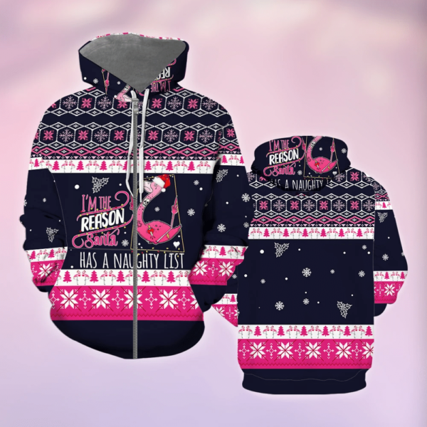 I Am The Reason Santa Has A Naughty Santa Flamingo All Over Print 3D Shirt 3D Zip Hoodie Navy S