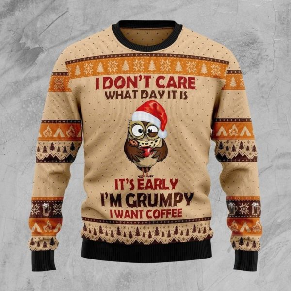 I Don't Care What Day It Is I Really Want Coffee Ugly Grumpy Owl Christmas Sweater AOP Sweater Orange S