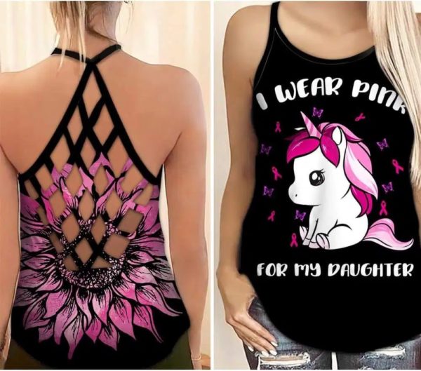 I Wear Pink For My Daughter Breast Cancer Awareness Criss Cross Tank Top Criss Cross Tank Top Black S