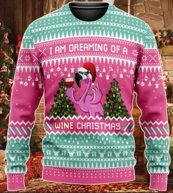 I'm Dreaming Of A Wine Christmas Flamingo Drink Wine Christmas Sweater AOP Sweater Pink S