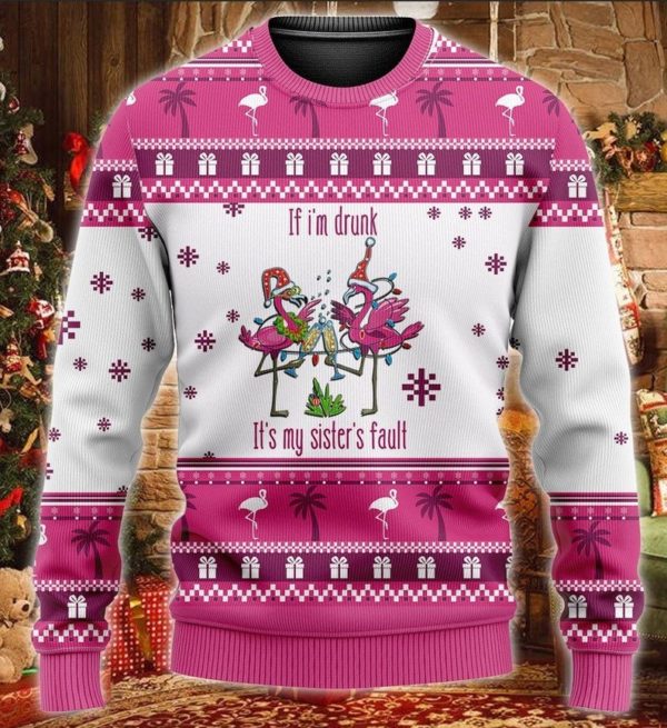 I'm Drunk It's My Sister's Fault Flamingo Santa Christmas Sweater AOP Sweater Pink S