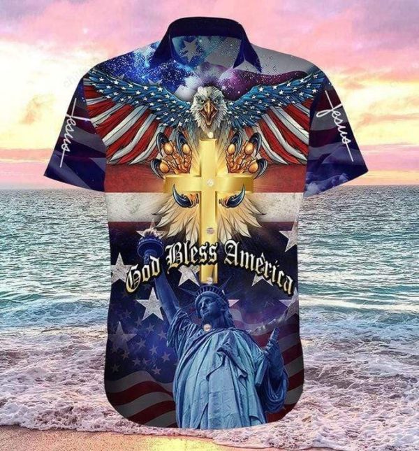 Jesus God Bless America Hawaii Shirt Short-Sleeve Hawaiian Shirt Navy Blue S