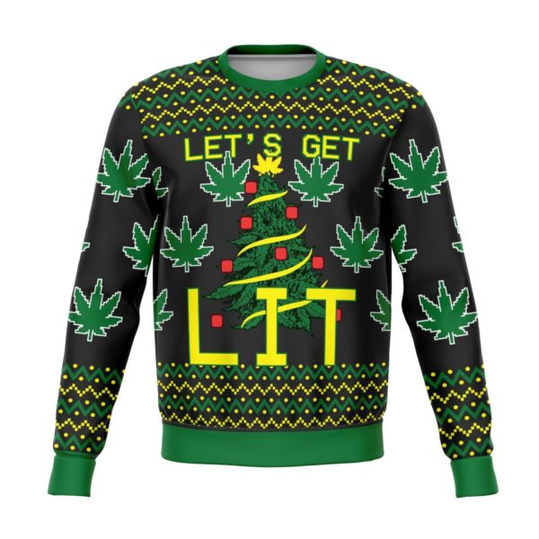 Let's Get Lit Funny Christmas Tree Sweater AOP Sweater Green S