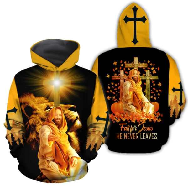 Lion Fall For Jesus He Never Leaves 3D All Over Printed Shirts 3D Hoodie Yellow S