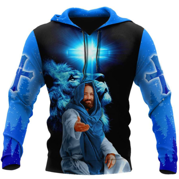 Lion Focus On Me Jesus 3D All Over Printed Shirts 3D Hoodie Blue S